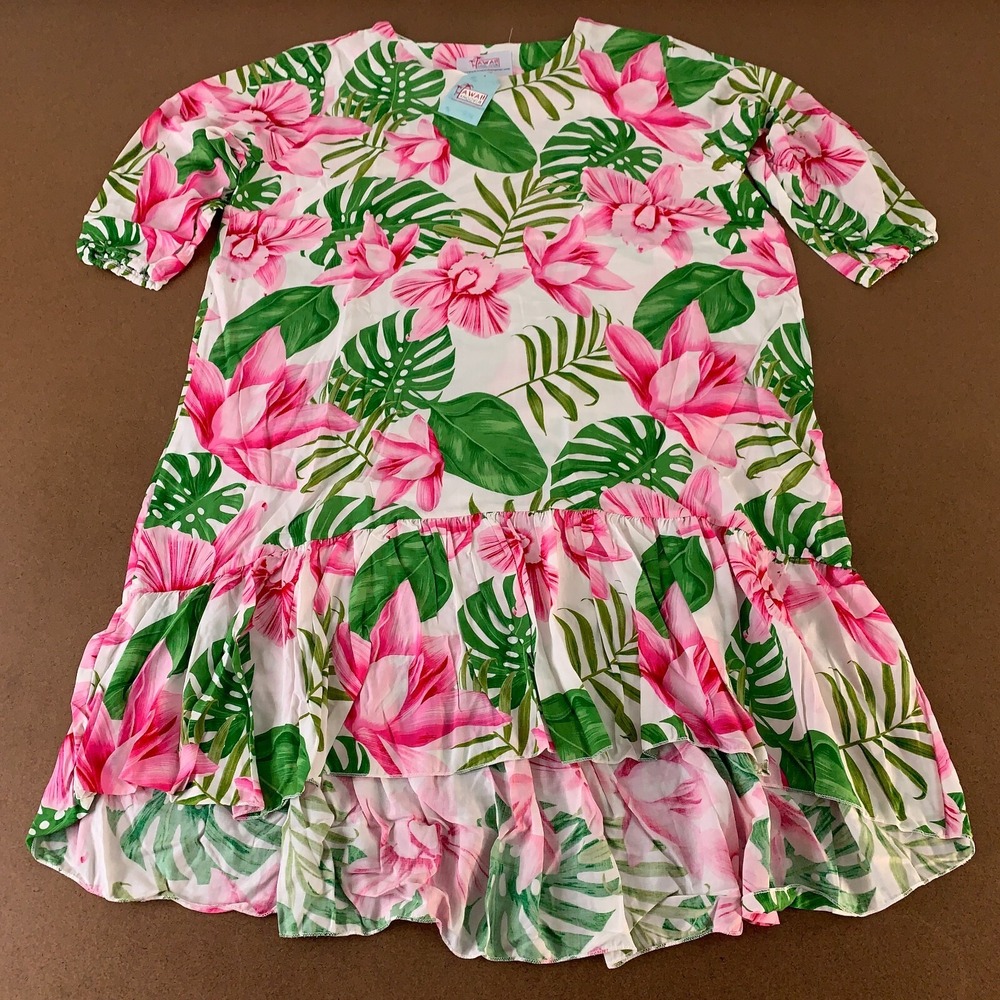 Hawaii Hangover Women's Large Tropical Print Short Sleeve Ruffle Hem Dress NWT